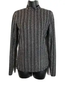 Guess  Silver Striped Mockneck Top Small Disco Metallic Shimmer Long sleeve Black