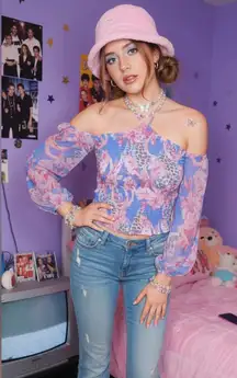 Y2K VENUS Pink‎ Blue Leopard Cut Out Tie Front Smocked Off the Shoulder Blouse