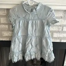 Anthro Foxiedox Lace Overlay Blue Short Sleeve Babydoll Blouse Womens Small