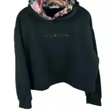 Zara Women's Floral Cropped Double Hoodie Sweatshirt Black Size M