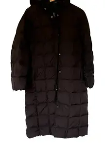 Lands' End full length black puffer coat women's size M hooded pockets winter