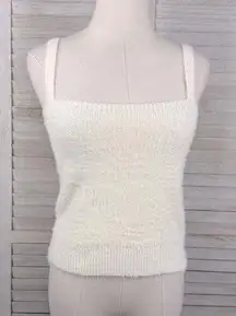 WILLOW & WIND Soft/Fuzzy Eyelash Knit Cropped Square Neck Tank Top Ivory-XS
