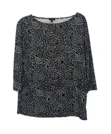 TALBOTS Women's MP Black White Print Top 3/4 Sleeve Round Neck Side Slits Career