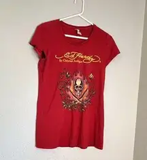 Ed Hardy By Christian Audigier Flame Skull Size Large Red T-shirt