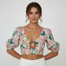 RAHI Maui Chantal‎ Top L Floral Print Woven Rattan Ring Tie Back Crop