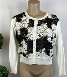 Karl Lagerfeld  Black & White Sheer Crochet Knit Button Up Cardigan Sweater L