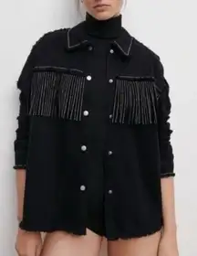 Zara Rhinestone Fringe Studded Jean Jacket‎  Black Size Medium