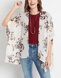 Maurices Floral Kimono White & Dark Brown Open Front Sheer