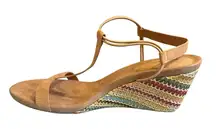 New Without Box Elegant Tan Wedge Sandals W/ Multicolor Boho Heel Size 12