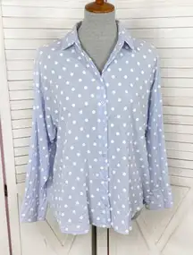 Zara Gauze Embroidered Polka Dot Button Up Shirt Blue White Large