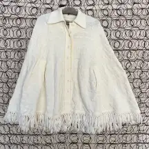 Vintage 60s 70s Cream Cuddle Knit Poncho Cape Sweater Bow Argyle Fringe