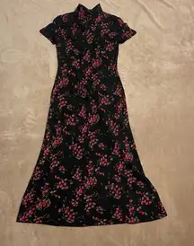 Charm, elegant cheongsam Floral Black and Pink Maxi Dress Size Small