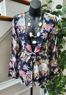 Boutique Loveriche Women Blue Floral Polyester Long Sleeve V-Neck Romper Size S