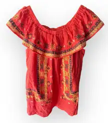 Easel Boutique Embroidered Red Off-Shoulder Top