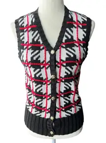 Vintage Red, White, & Black Patterned Knit Vest Petite Medium