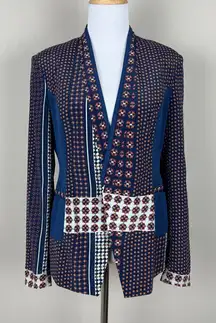 Central Park West Blazer Jacket Womens Small Navy Blue 100%‎ Silk Geometric Open