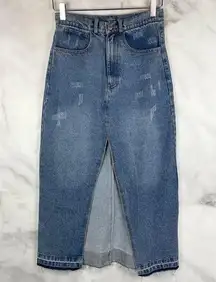 NWT Indefeir Studios High Waisted Split Slit Denim Jean Midi Skirt Retro Blue XS