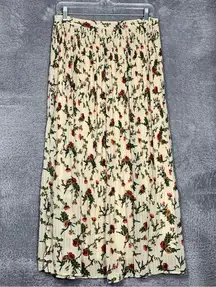 Böhme Medium Size Pleated Maxi Skirt Cream Red Floral Cottagecore Flowy Lined