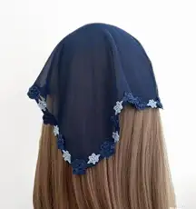 Indigo Blue Mesh Crochet Trim Triangle Headband –Elastic Boho Hair Scarf – Cottagecore Headband for Women – Festival Hair Accessory