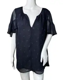 Ava & Viv Shirt Womens 1X Navy Blue Sheer Chiffon Lined Romantic Feminine Casual