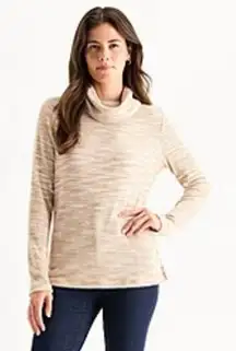 Dressbarn Sz L Pullover Turtleneck Cream Gold Stretch Long Sleeve Side Slits