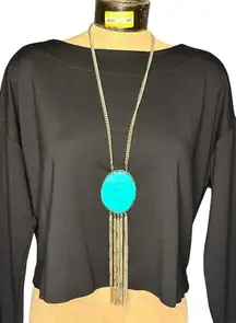 Boho‎ Style Turquoise Fringe Oval Silver Tone Chain Adjustable Necklace Western