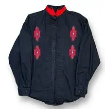 Vintage 90s Wrangler Shirt Black Red Southwest Aztec Long Sleeve Button Up