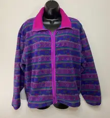 L.L. Bean Pink Purple Blue Geometric Tribal Fleece Jacket Sweater Size Large