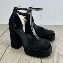 Versace  Medusa Aevitas Crystal Cut Platform Heels Pumps 37.5 Black Satin $1175