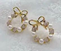 Gold Pearl Bow Earrings