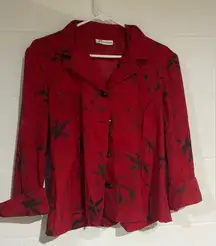 Dressbarn button up top black floral and red medium sparkling