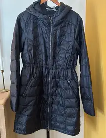 Athleta Hooded Parka Quilted Goose Down Puffer Coat Winter Jacket Black Size L