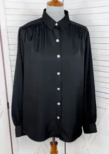 Express Satin Rhinestone Button Up Blouse Shirt Black Large