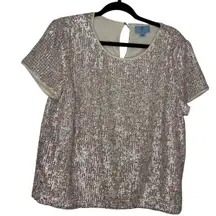 CeCe Sequin Short-Sleeve Blouse 14 Multicolor Holiday New Years Festive Sparkle