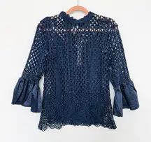 Dolce Cabo Womens Top‎ Medium Navy Crochet Bell Sleeve Semi Sheer Boho Victorian