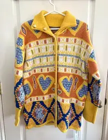 Cider Drama Queen Printed Oversized Cardigan in Yellow Blue