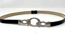 Chico's Black Silver Hammered front Hook Leather Back Adjustable Waist Belt S