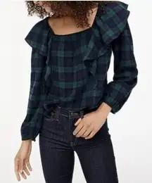 J.‎ Crew Blackwatch Blue Green Flannel Squareneck Ruffle Top Size Small NWT