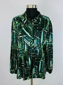 Worthington Womens XL Abstract Print Button Down Ruffle Front Long Sleeve Top