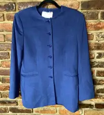 Jaeger Wool Angora Navy Blue Button Down Coat Jacket Women's Size US 10