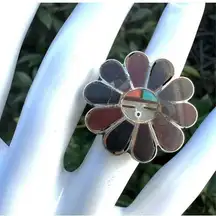 Native American Zuni Multi Stone Turquoise Sun Face Flower Ring