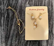 Gold Pearl Necklace and Earring Set