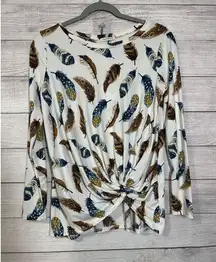 Viamor‎ Womans Long Sleeve Pullover Top Small White Feathers Made in USA Soft