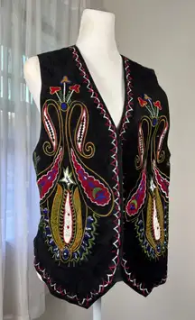 Vintage ‘90s Erez Levy 100% Leather Multicolored Embroidered Open Front Vest