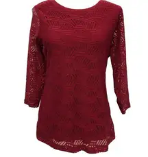 VAN HEUSEN Top Blouse Burgundy Red Lace Overlay Size Large 3/4 Lace Sleeves