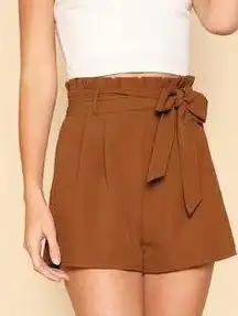 Lush Caramel 80s Style High Waisted Paperbag Tiewaist Shorts