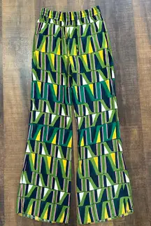 Zara Abstract Geometric Print Wide Leg Pants Green Yellow Pink Size Small