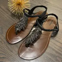 Minnetonka T-Strap Flats Thong Fringed Black Sandals Size 9