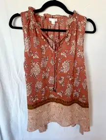 NWOT  Floral Ruffle Blouse | Boho Orange Pale Pink Crepe Fabric Ties