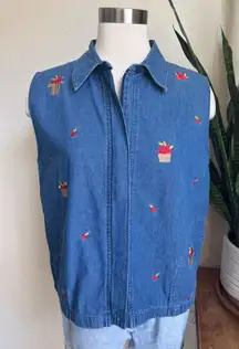 Vintage Denim Cherry‎ Embroidered Vest – Fruit Motif Y2K Grandma Core Style